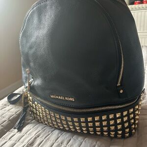 Michael Kors Rhea Zip Studded Black Leather Backpack, 27x30cm